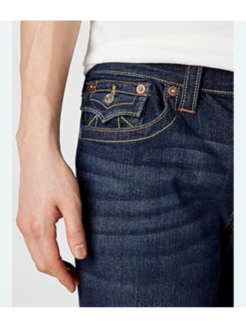 Men's True Religion Straight Leg Jeans Waist 33 Blue with Yellow Stitching